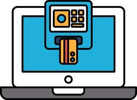 A laptop screen shows a credit card reader with a card inserted vector