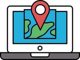 A laptop screen with a red and green pin pointing to a map vector