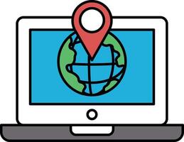 A laptop screen shows a map of the world with a red pin on it vector