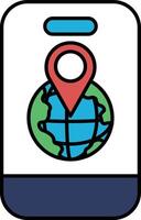 A phone with a map of the world and a red dot on it vector