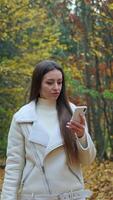 Attractive lady focused on the phone in her hand walks by the beautiful park in autumn. Woman going slowly reading a message or news in internet. Vertical video