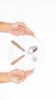 Hand with White Plate with Spoon and Fork Isolated on White Background photo