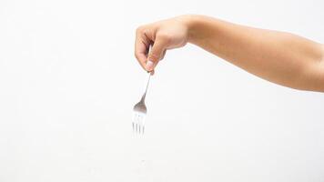 Hand of Man Holding Fork Isolated on White Background photo