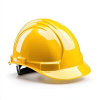 bright yellow construction helmet, essential safety equipment for workers, showcasing glossy finish and sturdy design. Ideal for construction sites and industrial environments photo