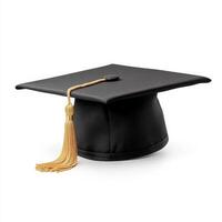 realistic black graduation cap with gold tassel, symbolizing academic achievement and celebration. Perfect for graduation events and ceremonies photo