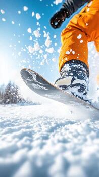 Snowboarder in action, carving through fresh snow, with snow exploding around board. bright blue sky enhances thrilling winter atmosphere photo