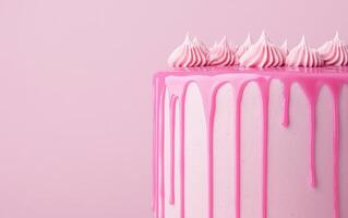 Delicious homemade cake with pink dripping glaze and decorative meringue peaks, perfect for celebrations and sweet moments photo
