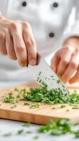 Chopping fresh cilantro with sharp knife, chef hands skillfully prepare ingredients for delicious meal. vibrant green herbs add flavor and freshness to dishes photo