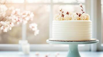 beautifully decorated homemade cake with floral accents, displayed on pastel stand, surrounded by soft natural light and serene atmosphere photo
