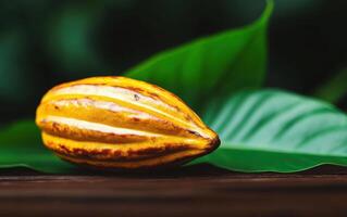 Fresh cacao pod resting on green leaves, showcasing its vibrant yellow color and unique texture, symbolizing sustainable agriculture and natural beauty photo