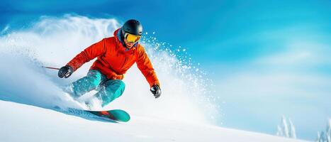 Snowboarder in orange jacket carving through fresh powder snow, showcasing dynamic movement and excitement in bright winter landscape photo