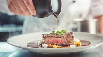 Close up of chef hand pouring sauce over grilled steak, creating delicious presentation with steam rising, showcasing culinary artistry and attention to detail photo