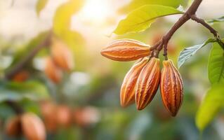 Cacao pods hanging on tree branch, showcasing their vibrant colors and textures in lush environment. sunlight creates warm atmosphere, highlighting beauty of nature photo