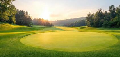 serene sunrise over lush golf course, illuminating fairways and greens, creating peaceful atmosphere for golfers photo