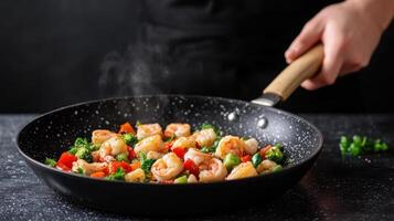 Delicious shrimp and vegetable stir fry being cooked in frying pan, showcasing vibrant colors and steam rising, creating appetizing atmosphere photo