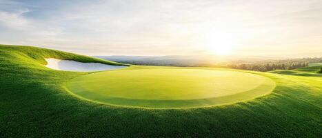beautiful golf course green with bunker, bathed in warm sunlight, showcases serene landscape perfect for relaxation and sport photo