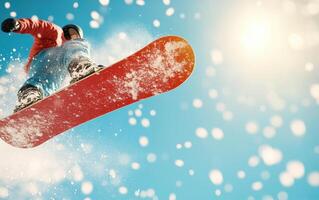 Dynamic snowboarding action captured against bright blue sky, showcasing snowboarder mid air with snow flying around. scene evokes excitement and adventure photo