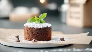 Chocolate lava cake topped with fresh basil leaves, dusted with powdered sugar, served on ceramic plate. dark, moody background enhances dessert rich appearance photo