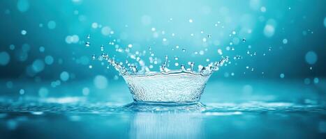 stunning high speed photograph captures water splash forming beautiful crown shape, surrounded by shimmering droplets against serene blue background photo