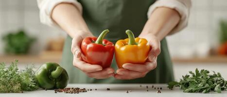 Fresh red and yellow bell peppers held in hands, surrounded by herbs and spices, showcasing vibrant colors and healthy ingredients for cooking photo