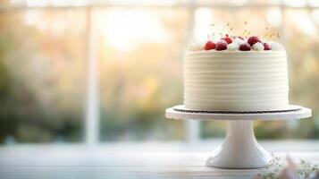 Delicious homemade cake with white frosting and fresh raspberries, beautifully presented on white cake stand, perfect for celebrations and special occasions photo
