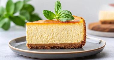 Classic homemade cheesecake slice on ceramic plate, garnished with mint leaves, showcasing creamy texture and golden crust, perfect for dessert lovers photo