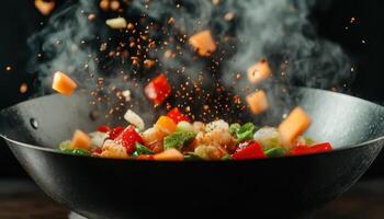 close up shot of hot wok filled with vibrant seafood and colorful vegetables, showcasing dynamic motion of ingredients being tossed and seasoned, creating appetizing scene photo