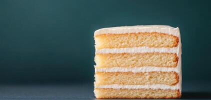 Delicious homemade cake slice with creamy frosting and layered texture, showcasing close up view of its soft sponge and smooth icing, perfect for dessert lovers photo