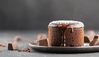 Decadent chocolate lava cake on ceramic plate, drizzled with rich chocolate sauce, surrounded by chocolate pieces, creating dark and moody atmosphere photo