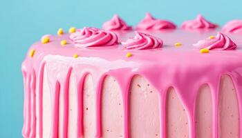 Delicious homemade cake with colorful pink icing and decorative swirls, perfect for celebrations and special occasions. vibrant colors and smooth texture create inviting dessert photo