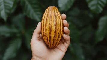 person holding yellow cacao pod with distinct stripes against green background, showcasing natural beauty of cacao photo