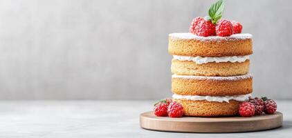 Classic Victoria sponge cake layered with cream and fresh raspberries, beautifully presented on wooden serving board. Perfect for celebrations and gatherings photo
