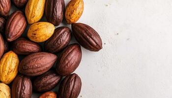 Rich cocoa pods in various shades, showcasing beauty of nature harvest. These pods, with their unique textures and colors, represent essence of chocolate production photo