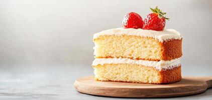 Classic Victoria sponge cake with creamy frosting and fresh strawberries photo