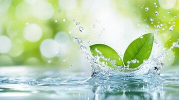 Fresh green leaves create dynamic splash in clear water, symbolizing nature beauty and vitality. vibrant colors and soft bokeh background enhance serene atmosphere photo
