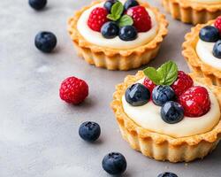 Homemade French tartlets with fresh berries, featuring creamy filling and vibrant colors, perfect for dessert lovers. Enjoy delightful combination of flavors photo