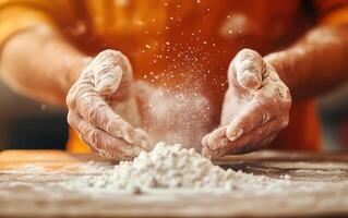Dusting flour over fresh pastry, hands in motion, creating culinary masterpiece. scene captures artistry and joy of baking, with flour dancing in air photo