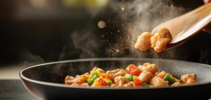 Delicious stir fry with colorful vegetables and chicken being flipped in pan, showcasing vibrant colors and steam rising, creating appetizing atmosphere photo
