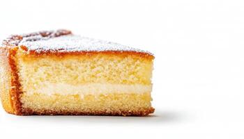 Homemade cake slice with soft texture and powdered sugar topping, perfect for celebrations and gatherings. Enjoy delightful flavors and moist layers photo