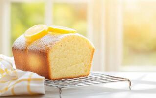 Lemon drizzle loaf cake on cooling rack, warm and inviting, with fresh lemon slices on top, perfect for sunny day photo