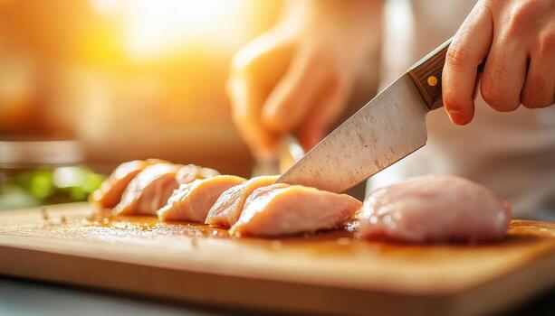Fresh chicken being sliced with chef knife on wooden cutting board, showcasing culinary skills in warm kitchen setting. sunlight adds vibrant touch to scene photo