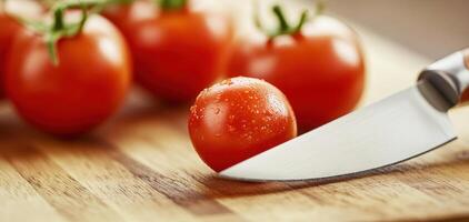 Fresh tomatoes on wooden cutting board with chef knife slicing through juicy tomato, showcasing vibrant colors and textures photo