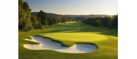 Lush green golf course with sand bunkers and serene landscape. vibrant grass contrasts beautifully with white sand, creating picturesque scene for golf enthusiasts photo