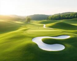 Aerial view of lush green golf course with rolling hills and sand trap, showcasing beauty of nature and sport. serene landscape invites relaxation and enjoyment photo