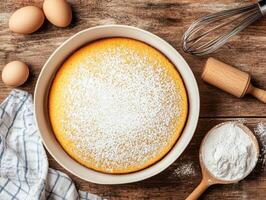Homemade cake topped with powdered sugar, surrounded by eggs and baking tools, evokes warm, inviting atmosphere. Perfect for any baking enthusiast photo