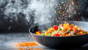 vibrant stir fry dish with colorful vegetables and spices, creating dramatic culinary scene. steam and spices add exciting touch to presentation photo