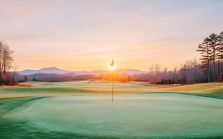 serene golf course at sunrise, featuring flag on green, surrounded by rolling hills and trees. soft light creates peaceful atmosphere, perfect for morning round photo