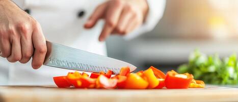 Chopping red bell peppers with chef knife, showcasing culinary skills and fresh ingredients. vibrant colors and focused action create engaging kitchen atmosphere photo