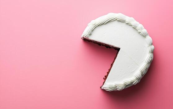 Homemade cake with slice removed, featuring white frosting on pink background. cake rich texture and inviting appearance evoke sense of celebration and joy photo