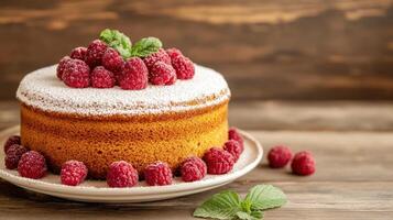 vibrant homemade cake topped with fresh raspberries and mint leaves, placed on rustic wooden table. cake soft texture and sweet appearance evoke sense of warmth and delight photo
